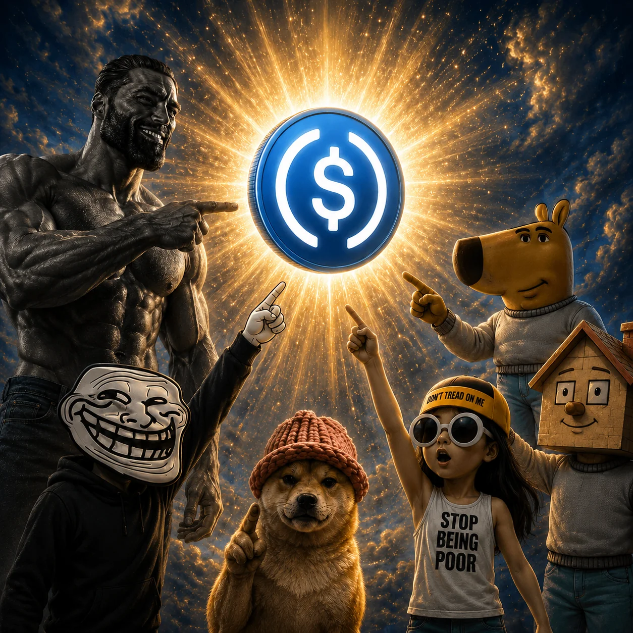 The meme congregation pointing at the USDC relic